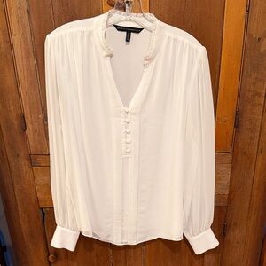 WHBM White/ Ivory Ruffle-Neck Button Front Chiffon Blouse, size L